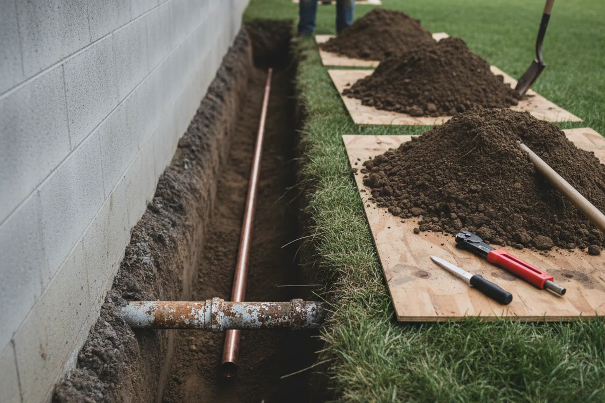 Excavated water line trench during Water Softener Installation in Cambridge City